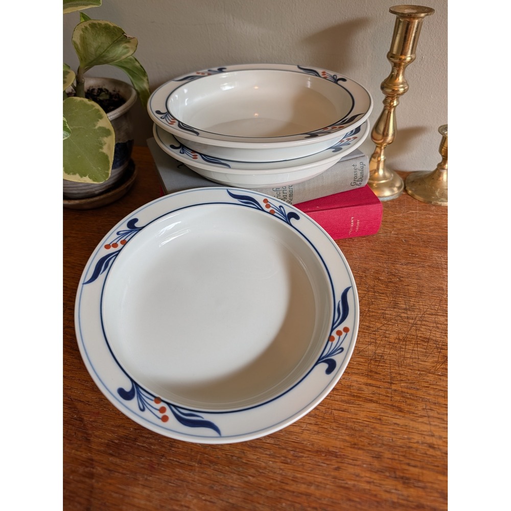 Dansk Bistro Maribo Set of 3 Rimmed Soup Bowls Blue White Red Berries 8.25"